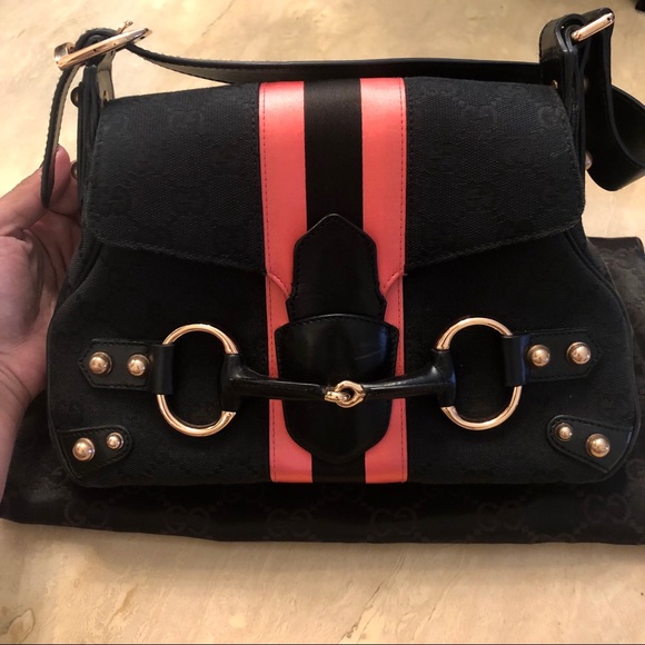 Gucci Handbags - Gucci Black Guccissima Canvas Pink & Black Satin